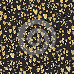 Cute seamless pattern from gold repeating hearts on black background.