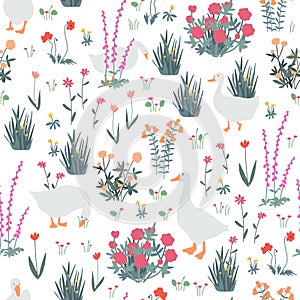 Cute seamless pattern with goose and doodle flowers. Geese in the spring garden. Vector illustration