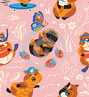 Cute seamless pattern with guinea pigs on summer vacation. Vector illustration