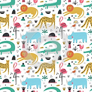 Cute seamless pattern with hand drawn african safari