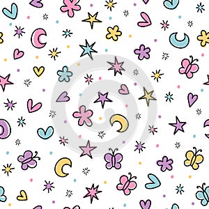 Cute seamless pattern with hand drawn cartoon elements for kids. Background in scandinavian style. Great for birthday, fabric, tex