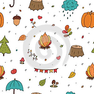 Cute seamless pattern with Hand drawn Cute Autumn Floral Forest Design Elements.