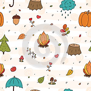 Cute seamless pattern with Hand drawn Cute Autumn Floral Forest Design Elements.