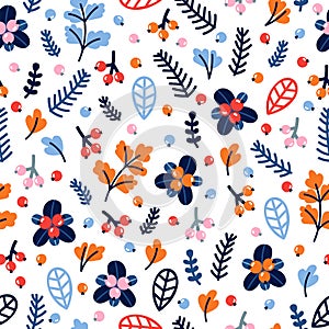 Cute seamless pattern with hand drawn flowers and berries. Floral colorful background