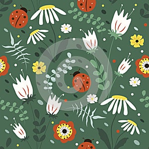 cute seamless pattern with hand drawn flowers, herbs and ladybirds in green tones