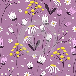 cute seamless pattern with hand drawn flowers, herbs in lilas tones.