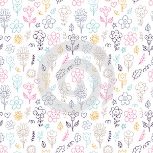 Cute seamless pattern with hand drawn happy flowers. Funny kawaii elements. Floral doodle background. Childish print