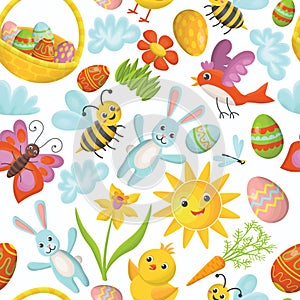 Cute seamless pattern of Happy Easter in kid's cartoon flat. Ornamental eggs, basket with eggs, blue rabbit, butterfly, bir