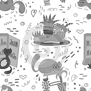 Cute seamless pattern with house plants, cats and doodles. Flowers in a pots. Hygge home. Vector background design