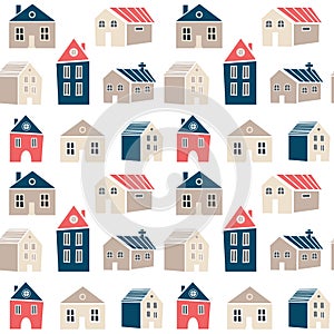 Cute seamless pattern with houses in Scandinavian, Nordic style. Pretty background for kids collection. illustration