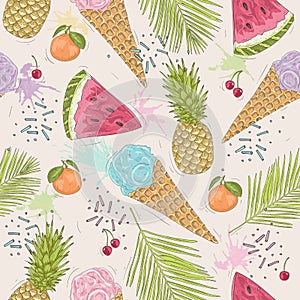 Cute seamless pattern with ice creams, pineapples.