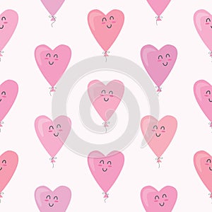 Cute seamless pattern with kawaii hearts balloons. For Valentines day, birthday, baby shower, holidays design.