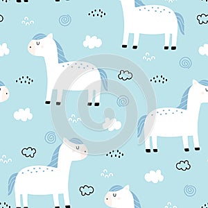 Cute seamless pattern for kids. animal cartoon background with horses and cloud Children`s style hand-drawn design