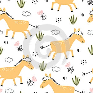 Cute seamless pattern for kids animal cartoon background with horses and trees Children`s style hand-drawn design.