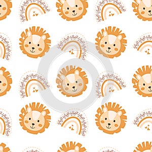 Cute seamless pattern with lion face and boho rainbow. Childish seamless vector pattern