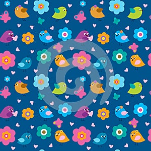 Cute seamless pattern with little birds and flowers