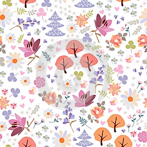 Cute seamless pattern of magic forest with trees and flowers