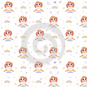 Cute seamless pattern with a magical unicorn character