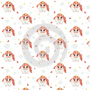 Cute seamless pattern with a magical unicorn character