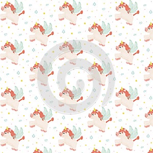 Cute seamless pattern with a magical unicorn character