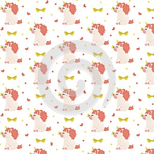 Cute seamless pattern with a magical unicorn character.