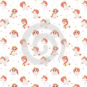 Cute seamless pattern with a magical unicorn character