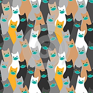 Cute seamless pattern with many cats wearing medical masks