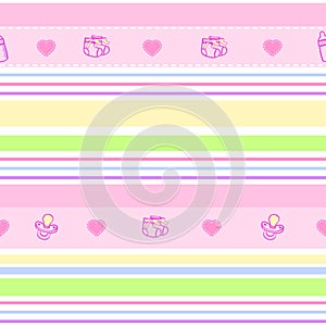 Cute seamless pattern for newborn girls in pink tones. Can be used to design cards, photo albums, cover notebook, paper or fabric.