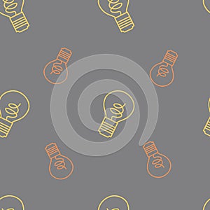 Cute seamless pattern with outline light bulb illustration. Bright yellow and orange colours, pattern for textile, cards,
