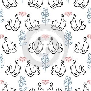 Cute seamless pattern with outlines of enamored birds, hearts and flowers. Sketch, doodle, scribble.