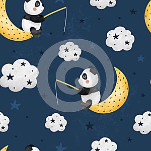 Cute seamless pattern with panda fishing stars in the clouds with watercolor elements. Hand drawn Scandinavian style vector
