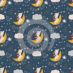 Cute seamless pattern in pastel colors. Sleepeng baby with teddy bear toy, clouds and half moon. Nursery vector illustration