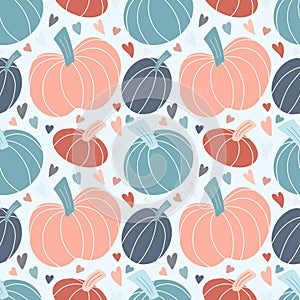 Cute seamless pattern with pastel pumpkins hand drawn in simple childish Scandinavian style and colorful hearts. Vector sweet