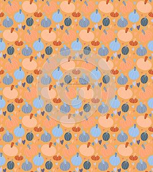 Cute seamless pattern with pastel pumpkins hand drawn in simple childish Scandinavian style and colorful hearts. Vector sweet