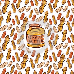 Cute seamless pattern with peanuts and butter jar. Sketched nuts hand drawn vector background. For your design, textile, fabric