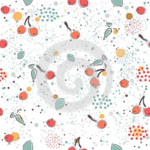 Cute Seamless Pattern with pears, cherries dotted background. hand Drawn Delicate Design. Scandinavian Style. For cards, templates