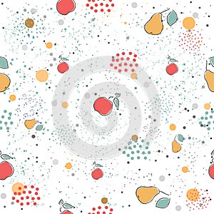 Cute Seamless Pattern with pears and dotted background. hand Drawn Delicate Design. Scandinavian Style. For cards, templates, gift