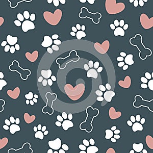 Cute seamless pattern with pet paw, bone and hearts. Vector illustration on blue background.