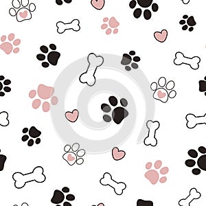 Cute seamless pattern with pet paw, bone and hearts. Vector illustration on white background.