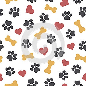 Cute seamless pattern with pet paws, bones and hearts.