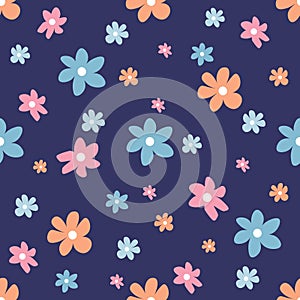 Cute seamless pattern with pink and blue flowers on dark background