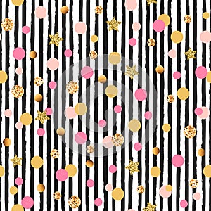 Cute seamless pattern with pink and golden circles and stars, black and white stripes