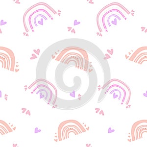 Cute seamless pattern of pink rainbows with hearts. Scandinavian boho style, children\'s print, pastel colors