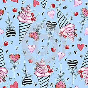 Cute Seamless pattern of pink watercolor abstract ice cream, lollipops and hearts. Hand drawn bright texture in sketch style. For