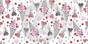 Cute Seamless pattern of pink watercolor abstract ice cream, lollipops and hearts. Hand drawn bright texture in sketch style. For