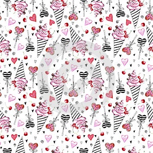 Cute Seamless pattern of pink watercolor abstract ice cream, lollipops and hearts. Hand drawn bright texture in sketch style. For