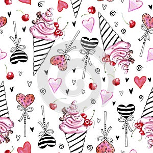 Cute Seamless pattern of pink watercolor abstract ice cream, lollipops and hearts. Hand drawn bright texture in sketch style. For