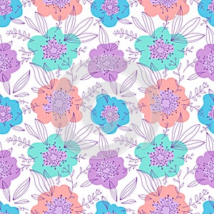 Cute seamless pattern with poppies in doodle style. Botany backdrop in pastel color.