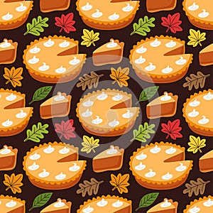 Cute Seamless Pattern with Pumpkin Pie and autumn leaves