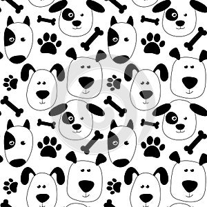 Cute seamless pattern with puppies, bones and paws in doodle style